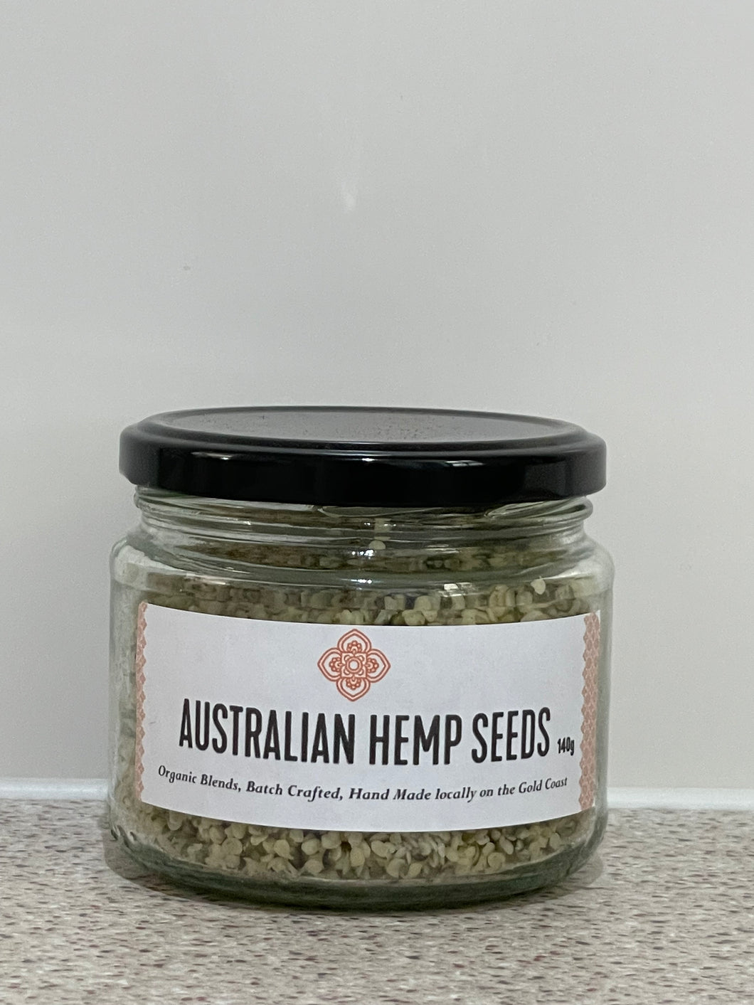 Australian Hemp Seeds packaged in a glass jar. 